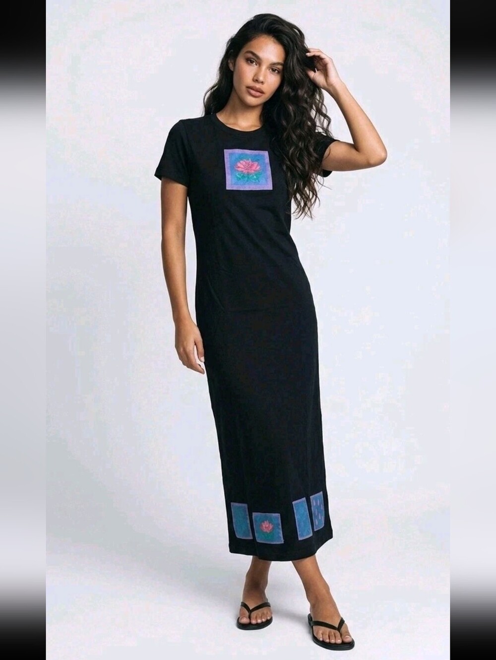 Patio Casuals By Cabernet Kaftan Dress Womens S Black Floral Patches Maxi Boho
